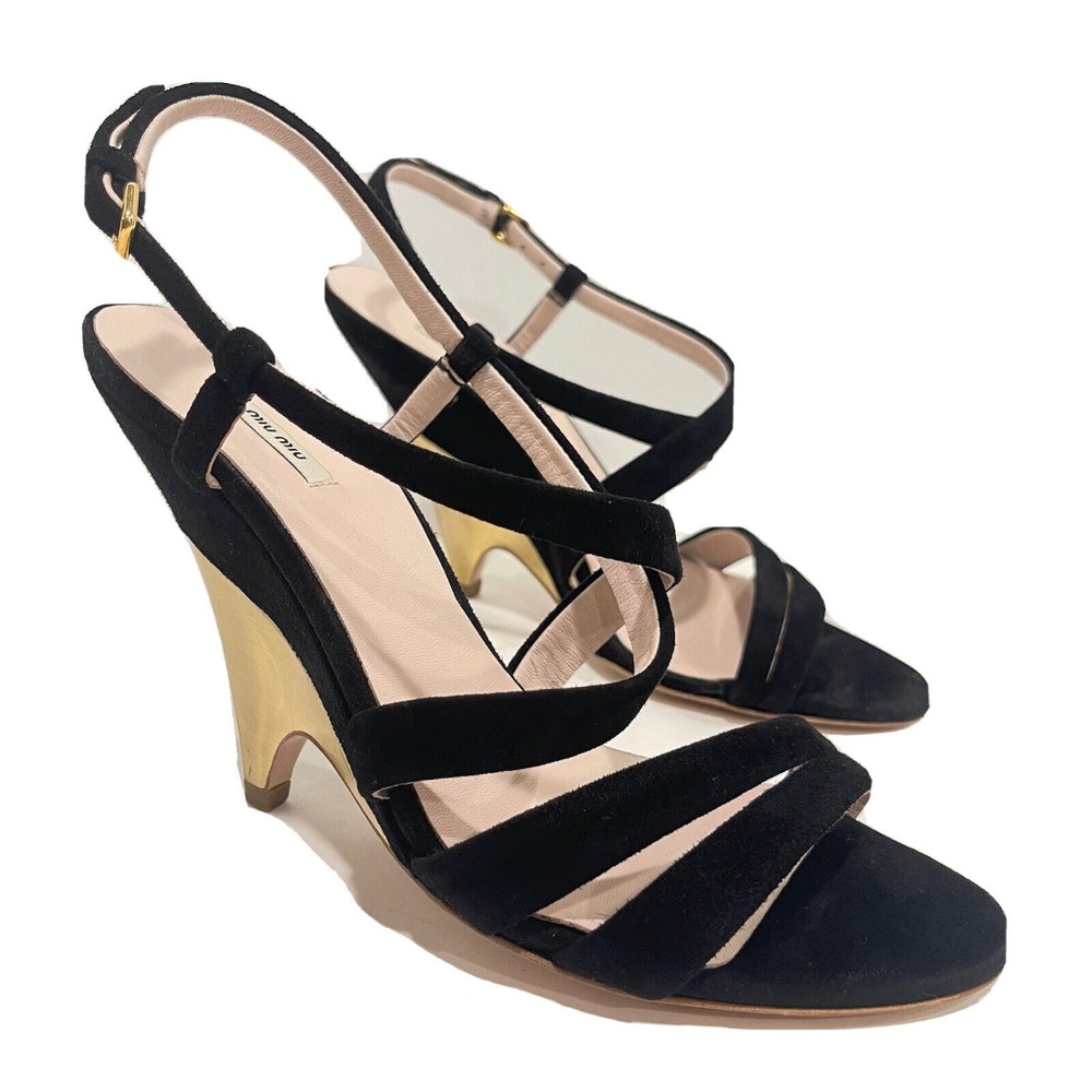 MIU MIU Dress Sandals Black Suede Straps Gold High Heels Shoes Women's Size 36 6